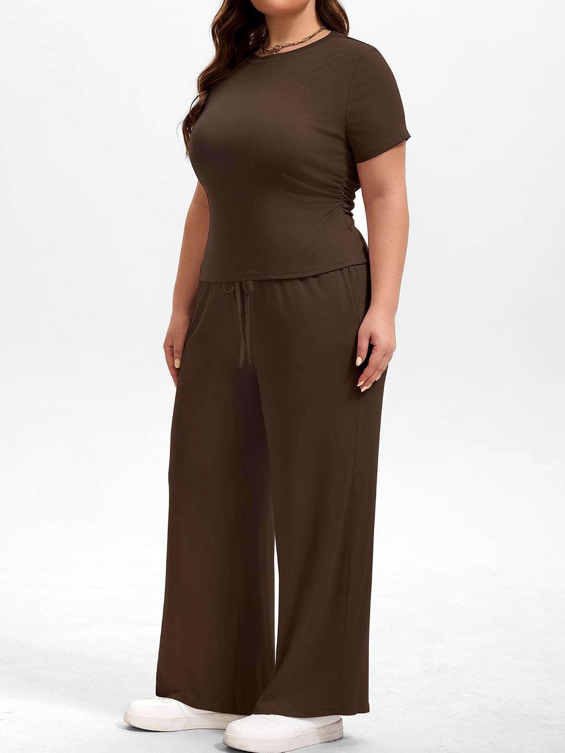 Chulianyouhuo Women Plus Size 2 Piece Set Outfits Matching Lounge Sets Ruched Short Sleeve Tops Wide Leg Pants Tracksuit Sets
