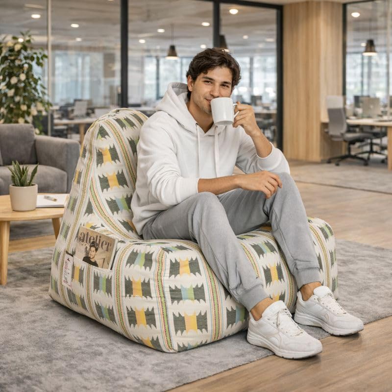 Image of Style Homez Hackey Cotton Canvas Ikat Printed Bean Bag XXL Size Filled with Beans Fillers