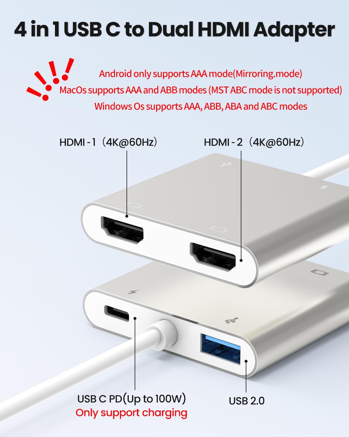 USB C to Dual HDTV Adapter,Silver 4K@60Hz with 100W PD, USB-A, Support C to 2 HD Splitter Extended Display for Type C Devices (MST is not Supported on MacOS)