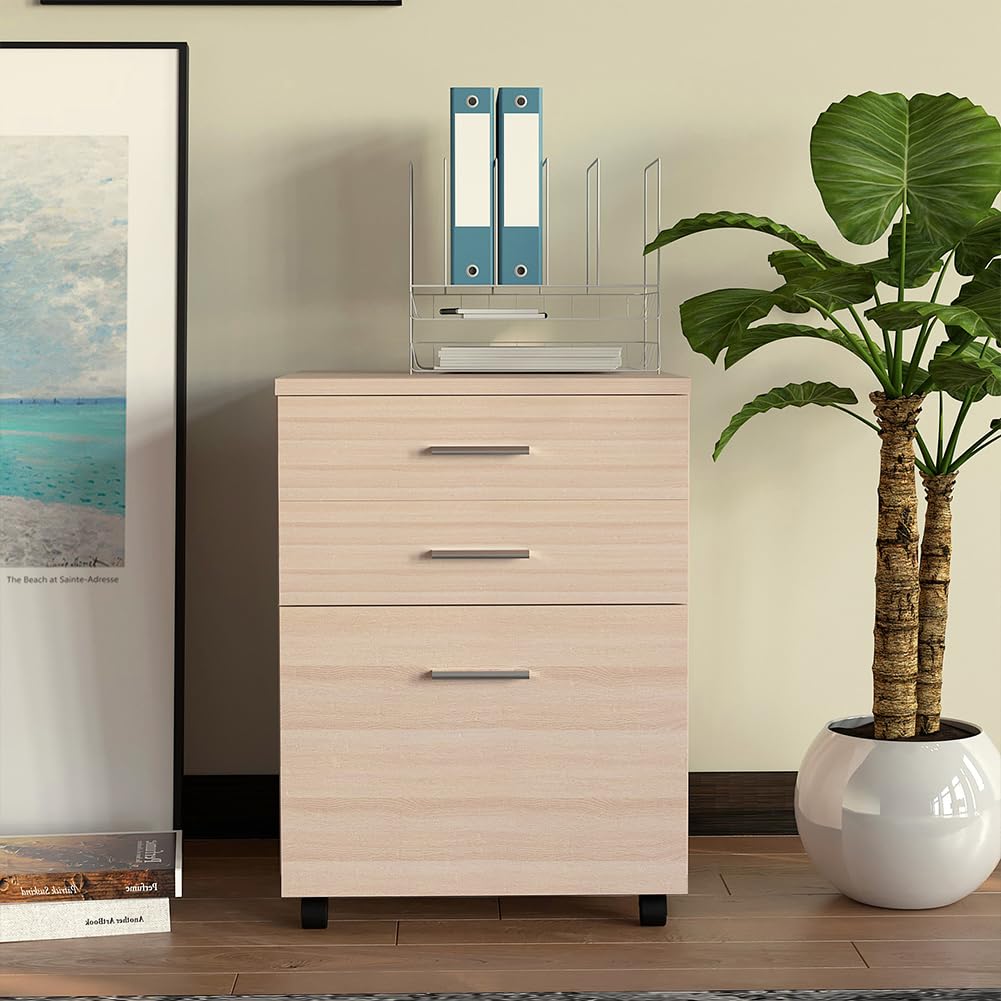 BAKAJI Cajonera móvil para escritorio, mueble para impresora de madera MDF con 3 cajones y 4 ruedas giratorias, diseño moderno, decoración para casa u oficina. Dimensiones: 46,5 x 45 x 64 cm (Olmo)