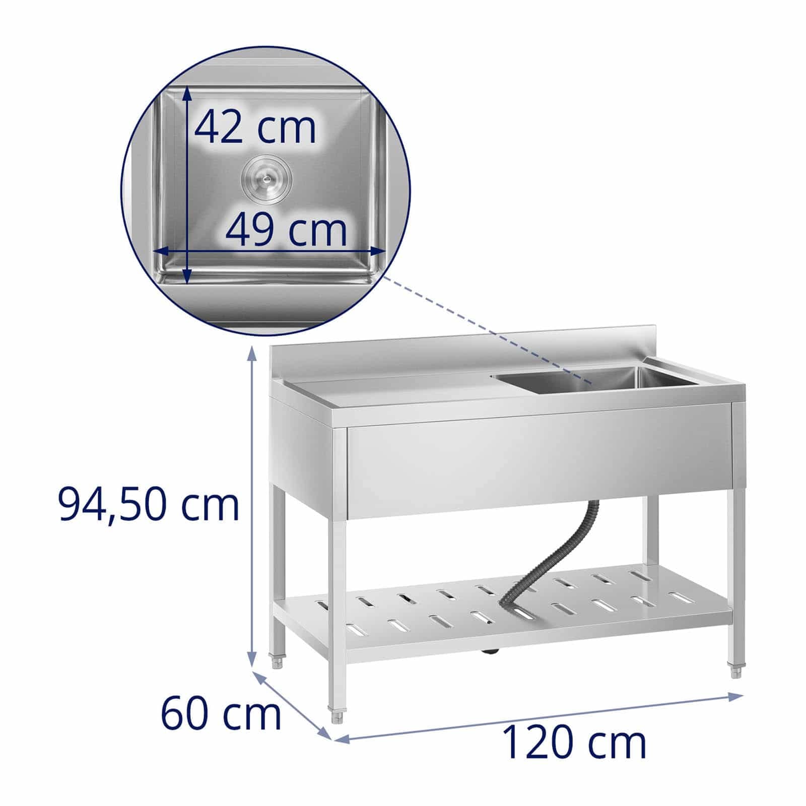 Royal Catering Évier Professionnel En Inox 1 Bac Plonge Sur Pied Professionnelle De Restaurant RCSSS-120X60-S (120 x 60 cm, Bac 49 x 42 x 24,5 cm, Avec Étagère, Dosseret 10 cm, Acier Inoxydable)