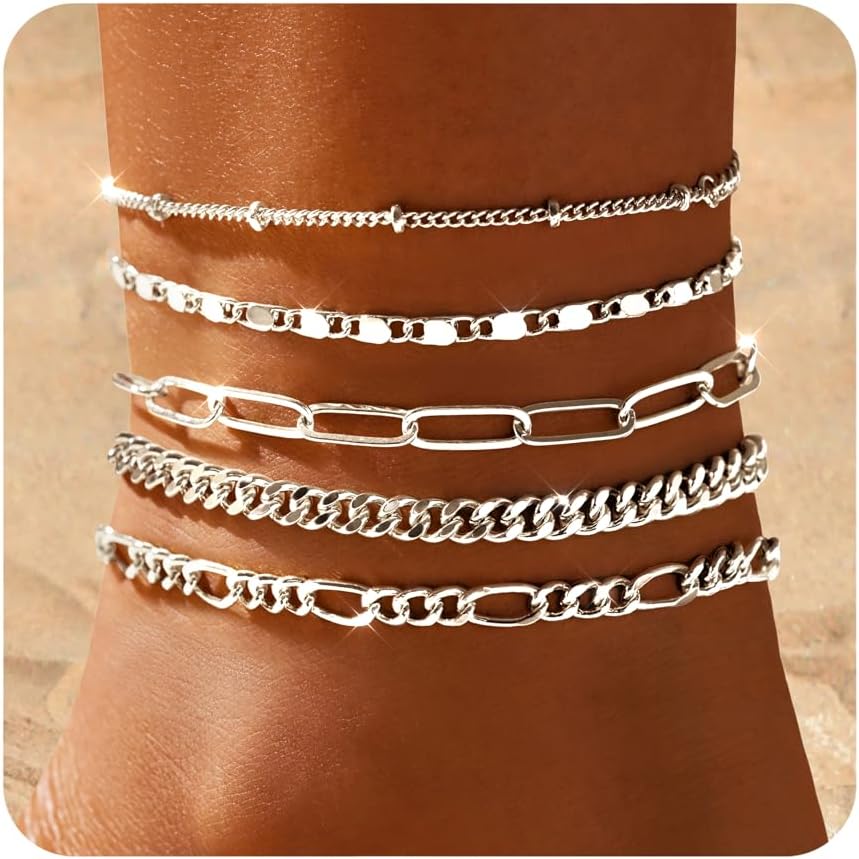 Ankle Bracelets for Women, 14k Gold Jewelry Set Waterproof Layered Cuban Figaro Link Chain Anklets Set Gold Anklets Summer Boho Beach Jewelry Gift Adjustable Size
