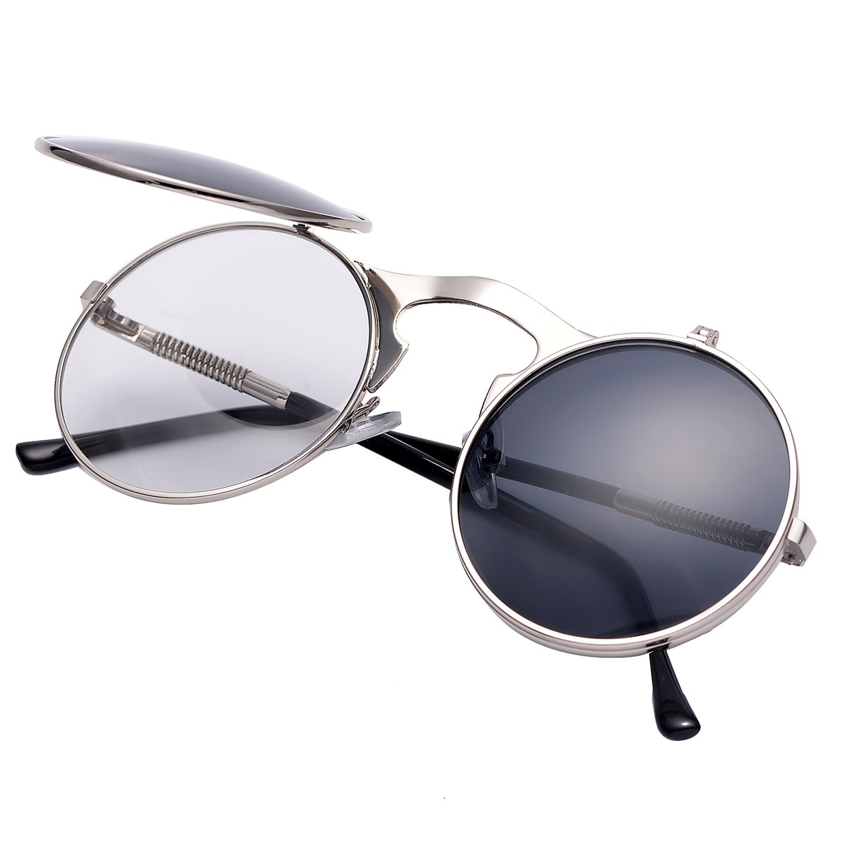 COASION Retro Metal Flip Up Round Circle Frame Steampunk Sunglasses for Men Women (Silver Frame/Black Lens, 46)