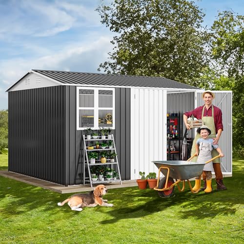 Image of DWVO 10x10ft Metal Outdoor Storage Shed with Window, Lockable Tool Storage Sheds, Oversized Steel Garden Sheds with Sloped Roof for Backyard, Patio, Garage, Lawn, Gray & White
