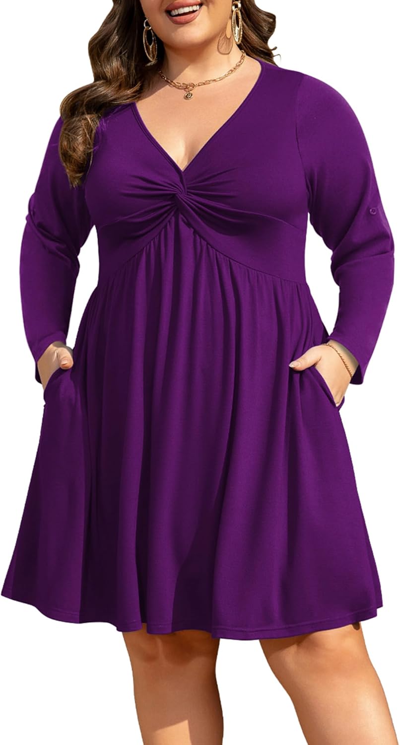 Womens Plus Size Dress Roll up Long Sleeve Casual Deep V Neck Twist Knot Front Flowy Dresses with 2 Pockets