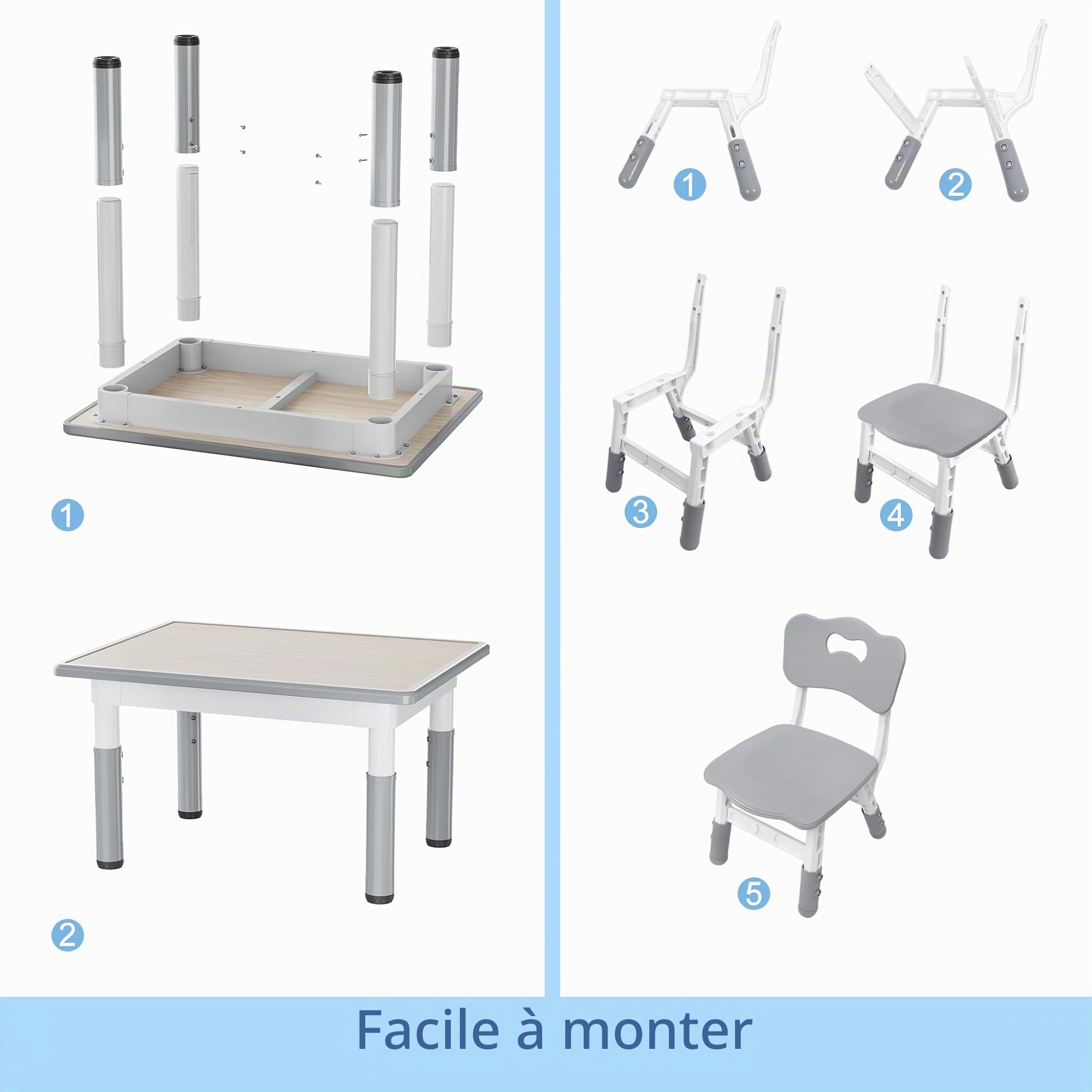AufuN Table pour enfant avec 2 chaises, groupe de table à hauteur réglable, table et ensembles de chaises pour la maternelle, meubles en plastique, groupe de sièges pour garçons et filles, 80 x 60 x
