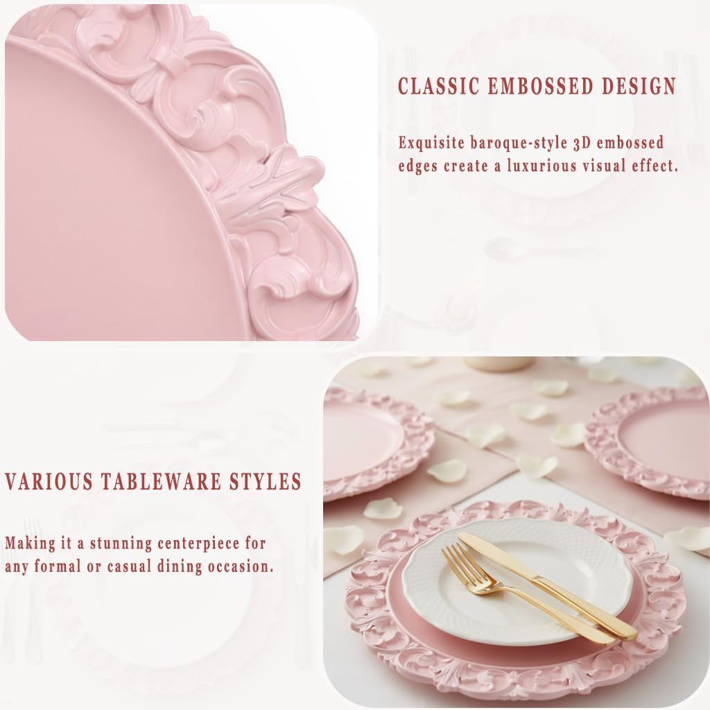 13" Pink Charger Plates, Set of 6 Plastic Textured Chargers for Dinner Plates with Embossed Rim, Table Décor, Party, Wedding, Holiday