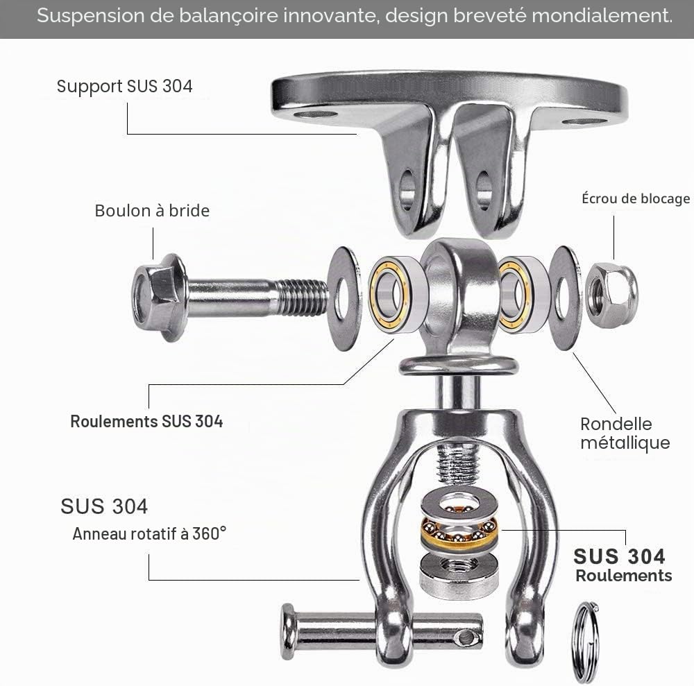 SELEWARE d'une capacité de 760 kg Rotation à 360°, Crochet de Plafond en Acier Inoxydable SUS304 pour balançoire, Crochet de Suspension avec vis pour béton, Bois, Jeux, terrasse, trapèze, Yoga.