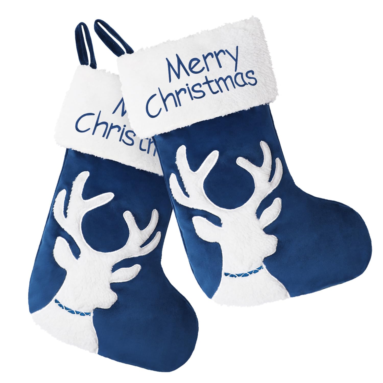 BRAWARM Christmas Stockings, Navy Blue Reindeer Embroidered Stockings 2 Pack, Soft Velvet Christmas Stockings for Xmas Holiday Party Home Decoration