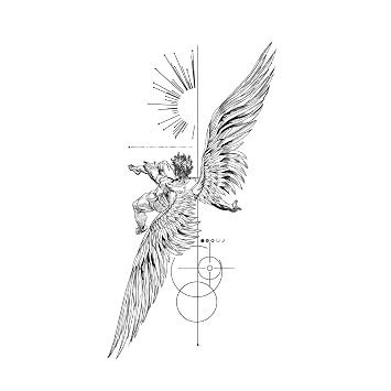 Fallen Angel Icarus Temporary Tattoo for Men Realistic Greek Mythology Renaissance Art, Long Lasting 12 Weeks Semi-Permanent Tattoo, Geometric Tattoo for Forearm & Calf