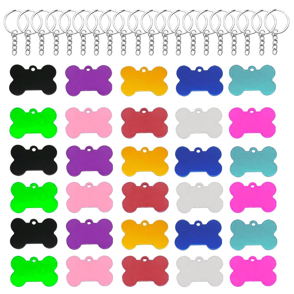 Zasiene Hueso Placas de Identificación Perro 30 Piezas Forma de Hueso Placa de Identificación en Blanco Etiquetas de Identificación de Perro con Forma Placa Chapa Medalla Placas para Perro con llavero