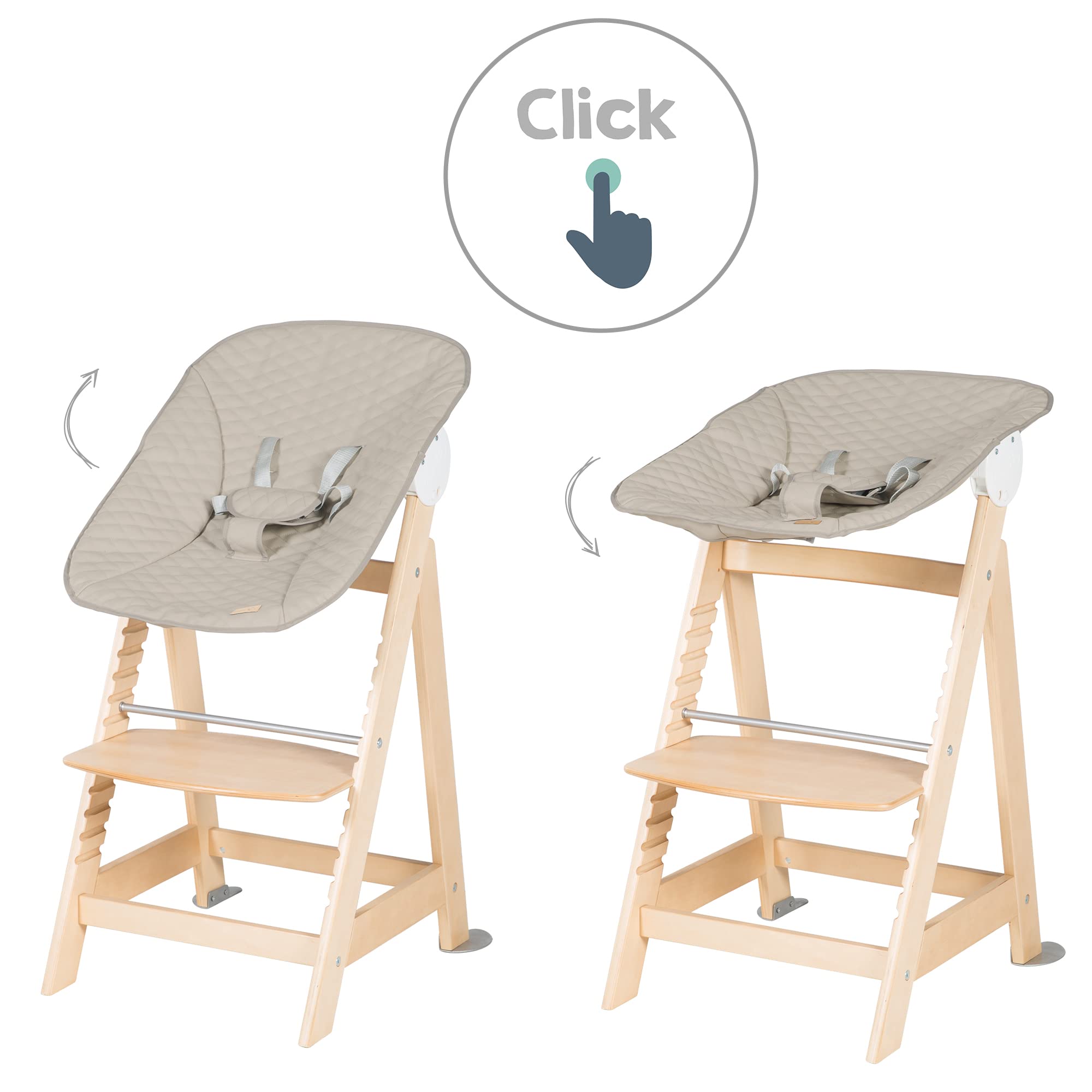 roba Chaise Haute Évolutive en Bois Naturel Born Up 2 en 1 + Transat Inclinable Greyish Matelassé - Cuir Imperméable - Hauteur Réglable - dès Naissance jusqu'à 70 kg