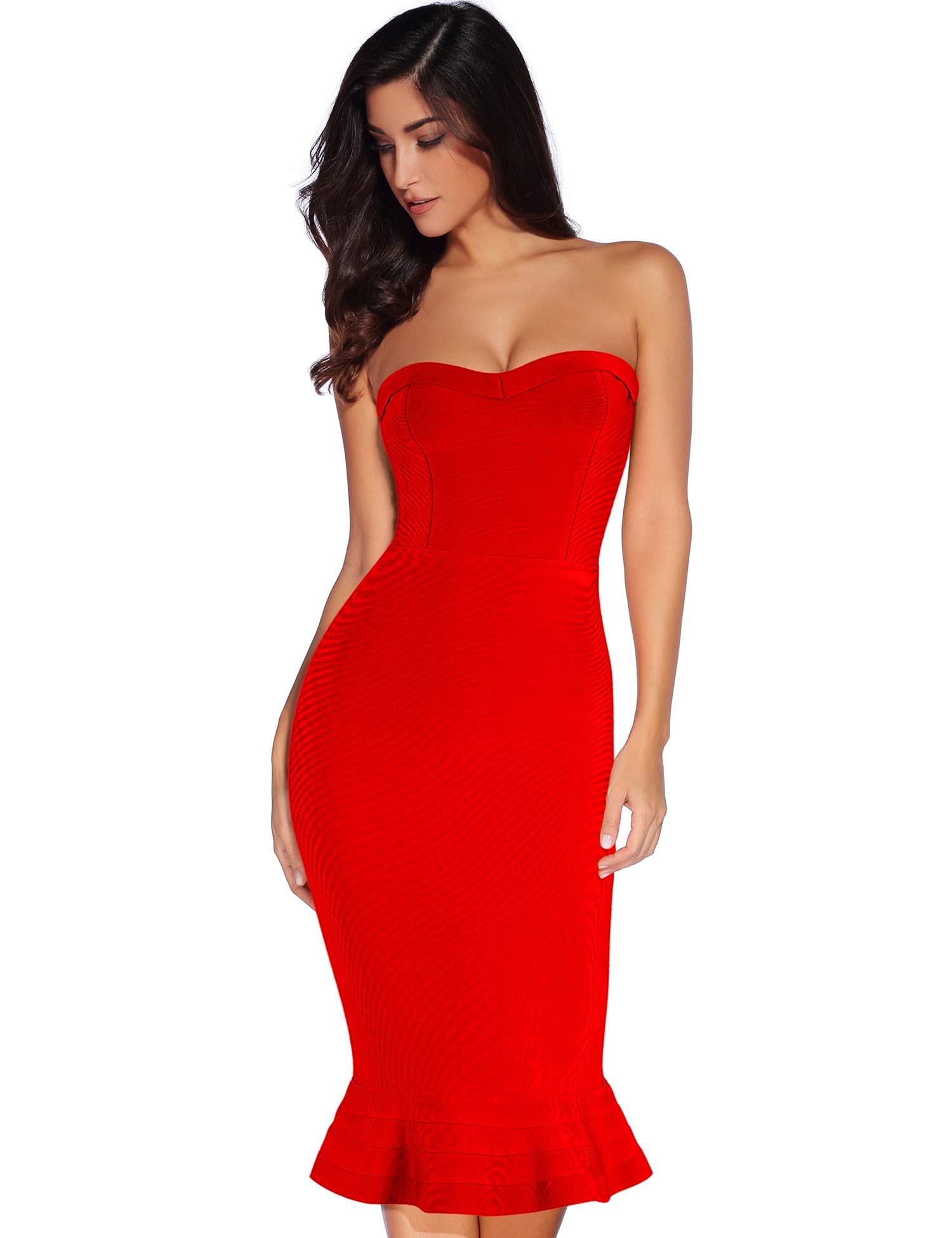 Women's Midi Cocktail Dresses Strapless Bandage Bodycon Dress Wedding Party Dress