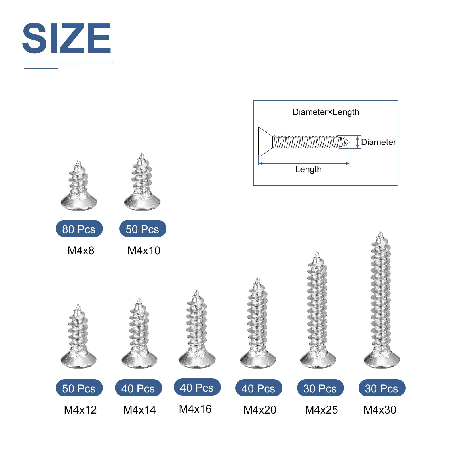 DTGN 360Pcs Wood Screws Assortment Kit, 8 Sizes 304 Stainless Steel M4x(8-30mm) Phillips Flat Head Self Tapping Screws - Image 2