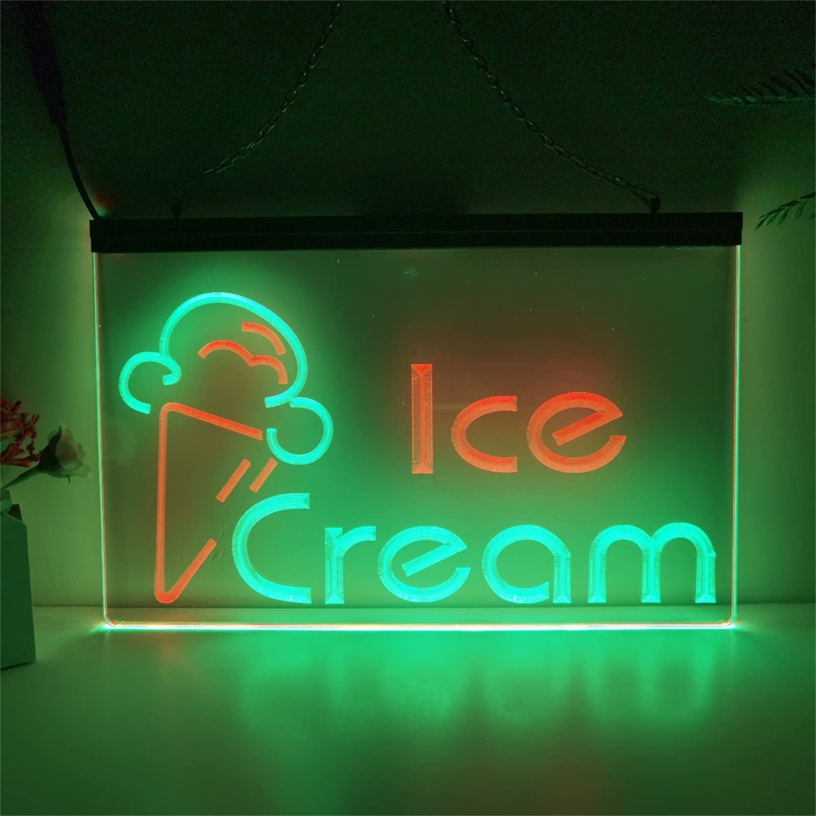 REWIS Ice Cream LED Neon Signs, USB Powerd 3-Level Dimming Neon Lights, for Ice Cream Shop Hanging Signboard,Green Red,30x20cm