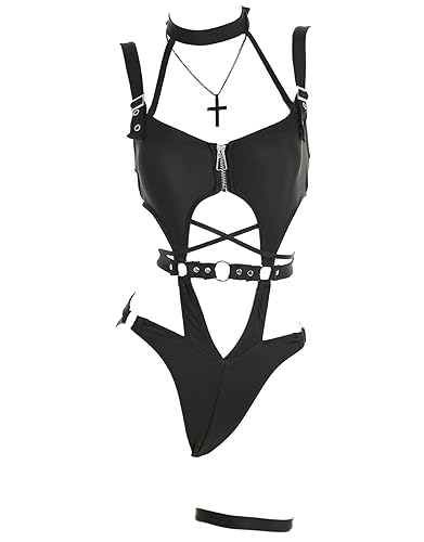 MEOWCOS Women's One Piece Swimsuits Gothic Swimsuit Chest Zipper Cutout Bathing One-Piece Swimwear - Medium - Black