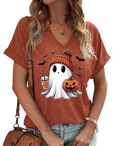 Women Fall Halloween Doodles V Neck Shirt Funny Family Party Celebration Short Sleeve Tee Pumpkin Graphic Thanksgiving Tops… - F-brown-1 - Small