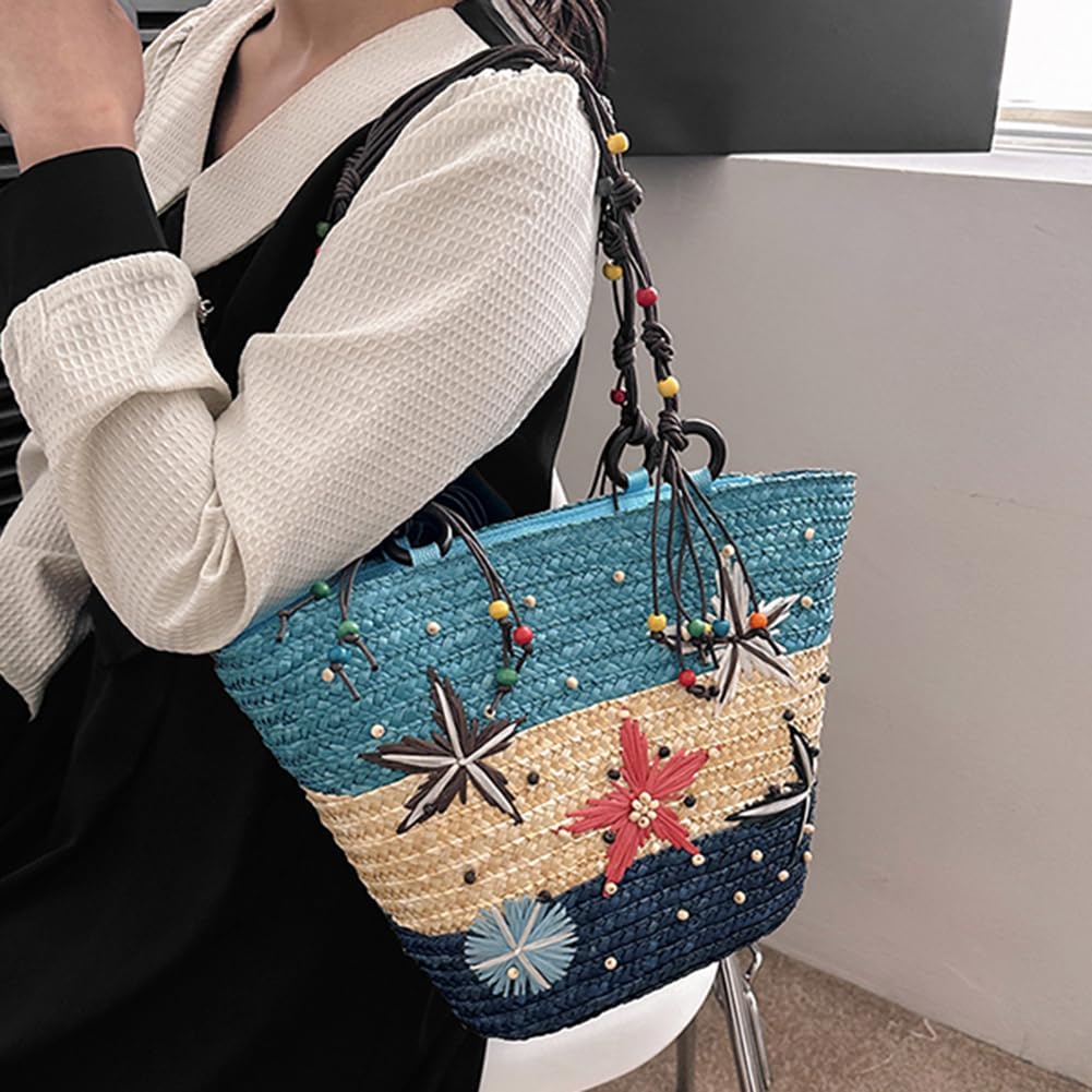 Borsa a tracolla ricamata a mano in paglia bohémien con perline per viaggi