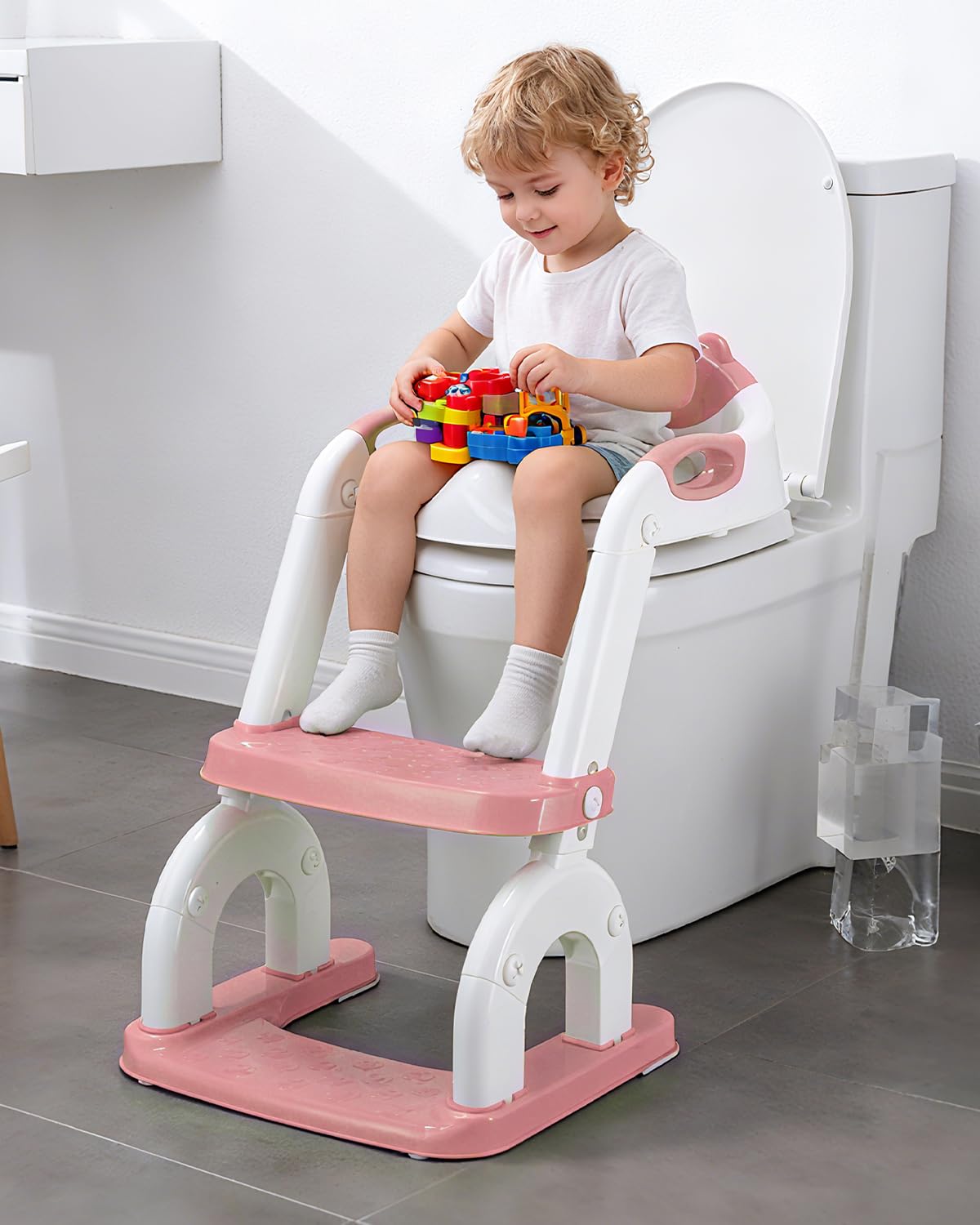 Asiento de inodoro para niños con escalera, 2 en 1, ajustable en altura, plegable, con asiento acolchado, antisalpicaduras y antideslizante, accesorio de inodoro para niños a partir de 1-6 años