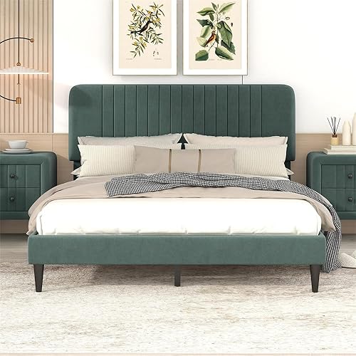 JINSVICO Base de cama tamaño Queen con cabecero plataforma tapizada de terciopelo para adolescentes y adultos no necesita somier color gris