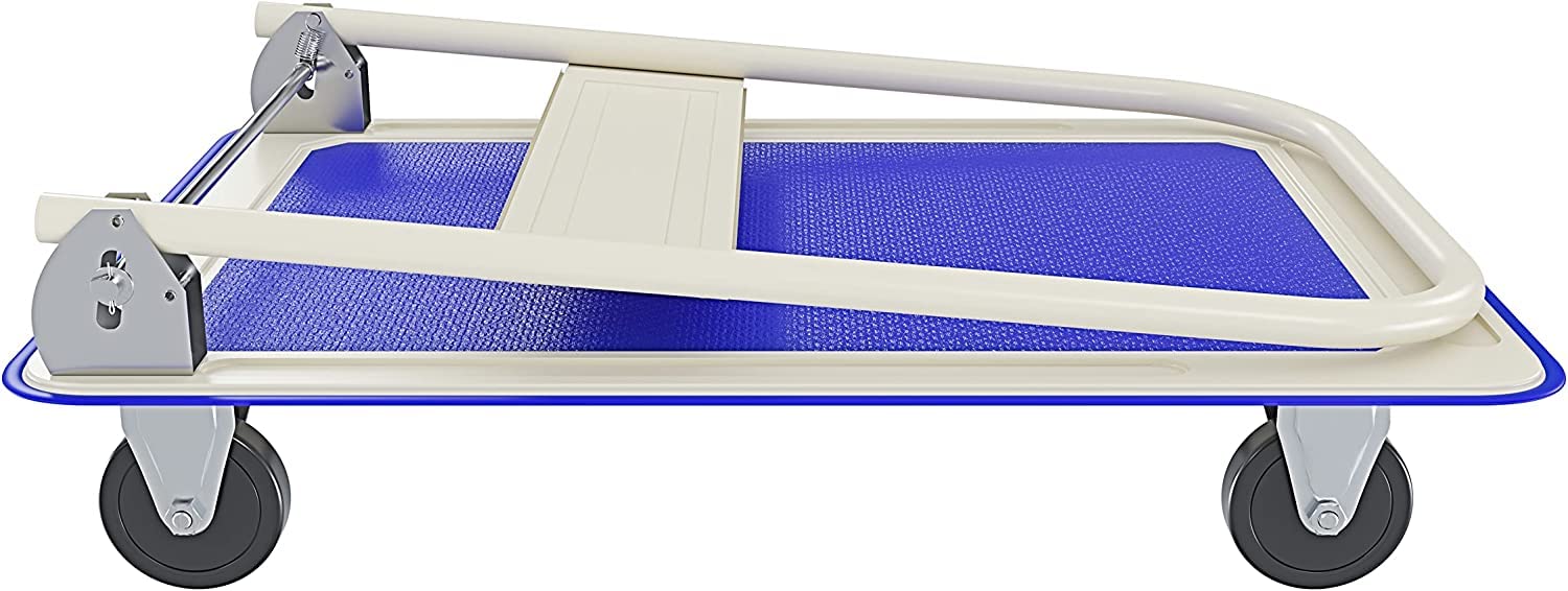 Carrello Pieghevole Tuttofare Richiudibile Portata Max 150 Kg Con 4 Ruote Carrellino Trasportatore Piattaforma Con Pianale In Acciaio E Rivestimento Antiscivolo Portapacchi 82 x 48 x 72 Cm Blu