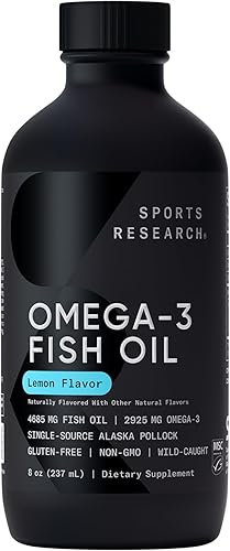 Sports Research Aceite de pescado omega-3, sabor a limón, 8 onzas, 4685 mg de aceite de pescado de abadejo de Alaska capturado en la naturaleza por