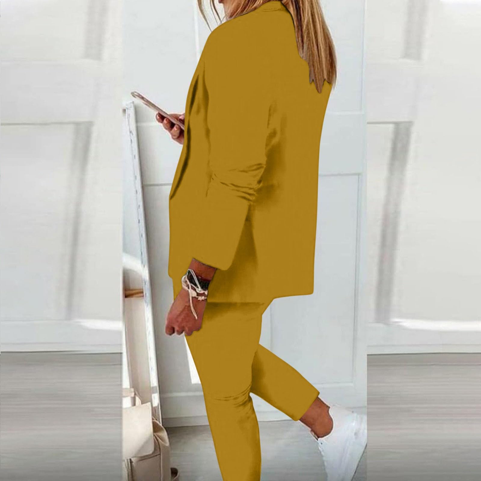 Abito da donna elegante tinta unita a maniche lunghe con cardigan con tasche e pantaloni con gamba dritta elastica