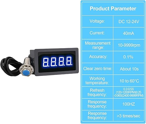 EEEkit Tacómetro de 4 dígitos con LED azul, medidor de velocidad RPM digital para motores con sensor Hall NPN de interruptor de proximidad para