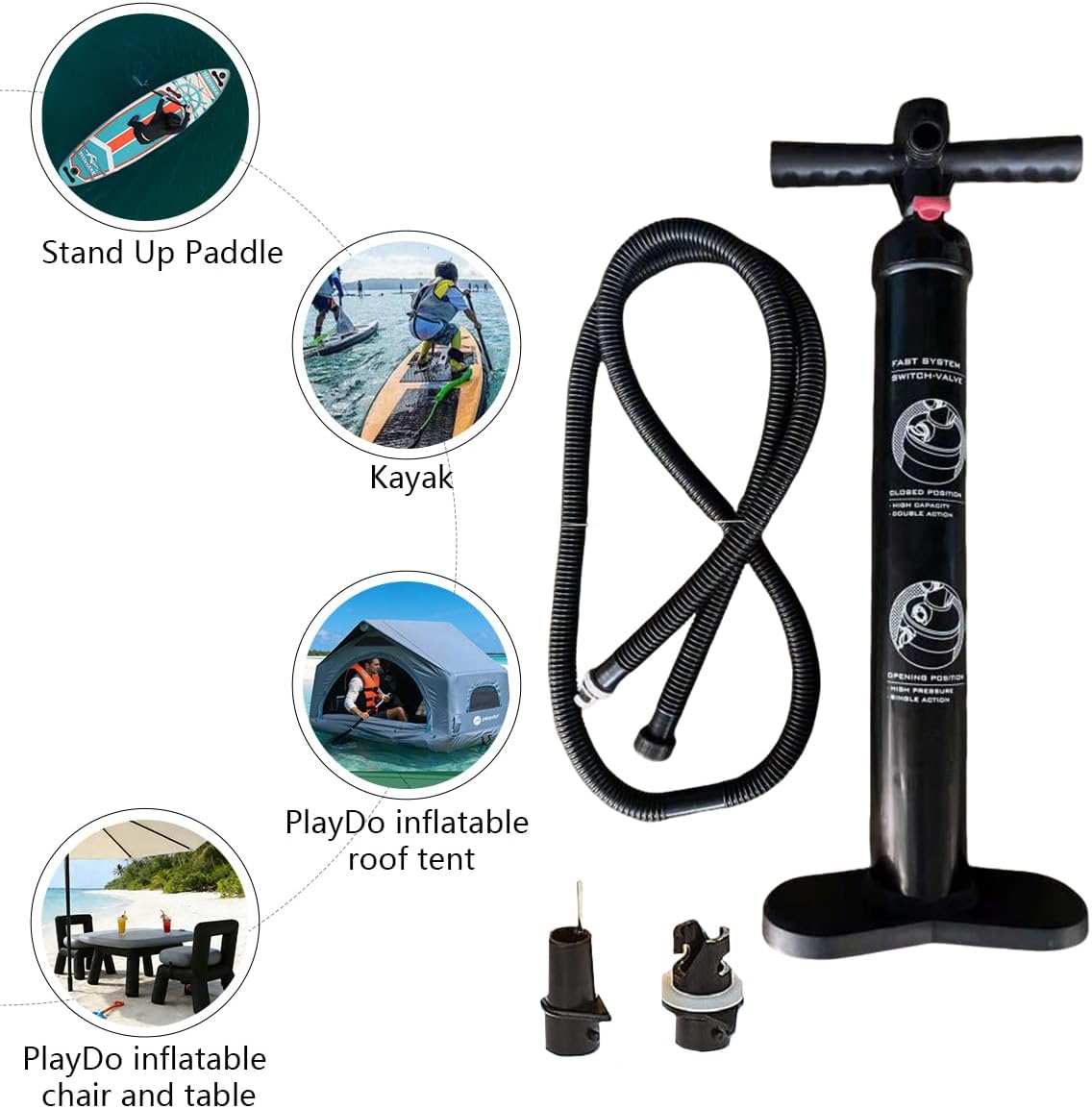 PlayDo Manual Air Pump for Air Mattress Hand Pump with 2 Nozzle Rapid Inflation Portable for PlayDo Blow Up Roof Tents and Air Chair Table, Kayaks, Paddle Boards, Towables Single/Double Action