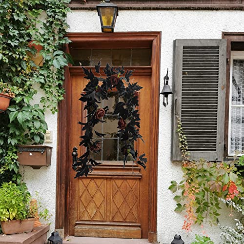 Tinsow 2 Pcs 5.7 Ft. Artificial Black Rose Vines Maple Garland For Halloween Decor, Hanging Black Silk Flower Garland For Outdoor Home Wall Decorations (2, Brown) #TOP3