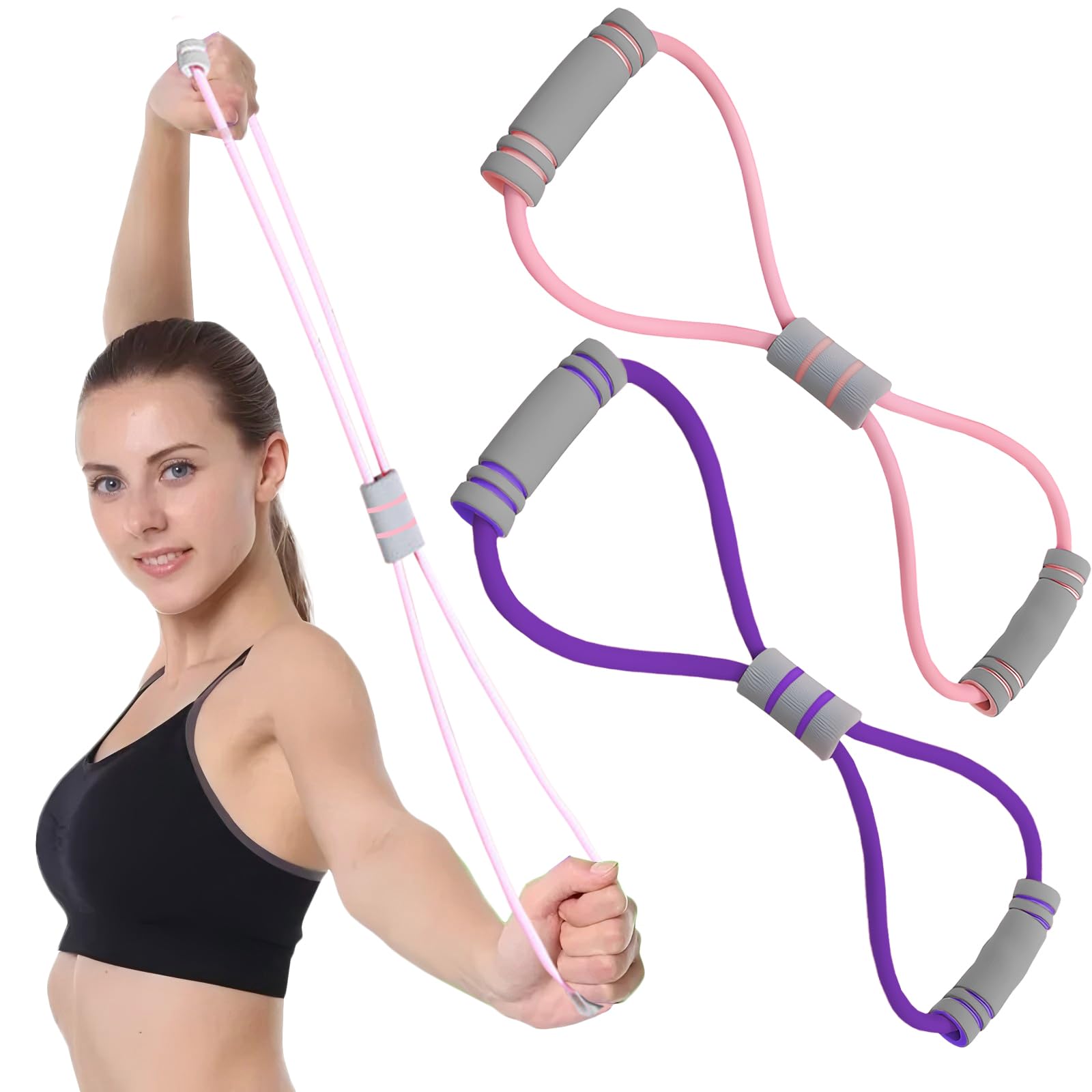 2 Pcs 8-Shaped Resistance Bands with Handles, Exercise Bands for Arm Back Shoulder Stretch, Rope 8 Stretch Yoga Fitness Band for Women and Men Muscle Training (Pink+Purple, 25+38lbs) — image 1