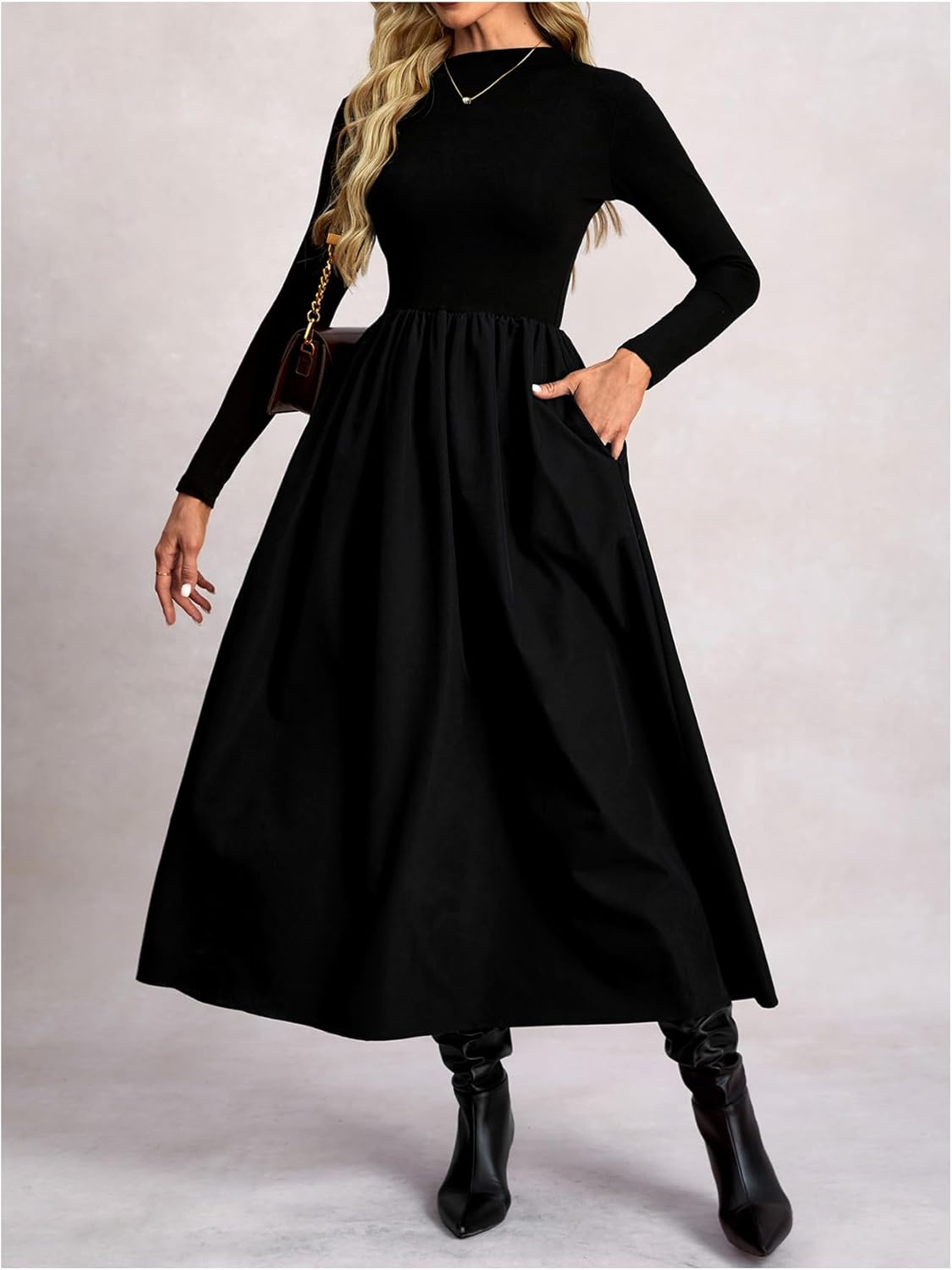 Women's Mock Neck Maxi Dress Long Sleeve Flared A Line Flowy Fall Dresses with Pockets - Image 4