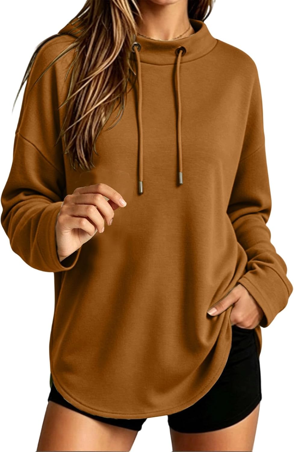 Curved Hem Hoodie For Women Drawstring Pullover Mock Neck Sweatshirt