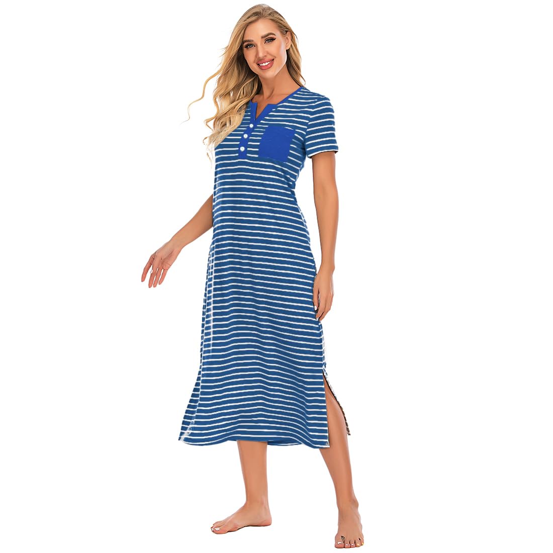 Jlowesun Chemise de Nuit à Rayures pour Femmes Robe de Nuit à Boutons Doux et à Manches Courtes avec Poches
