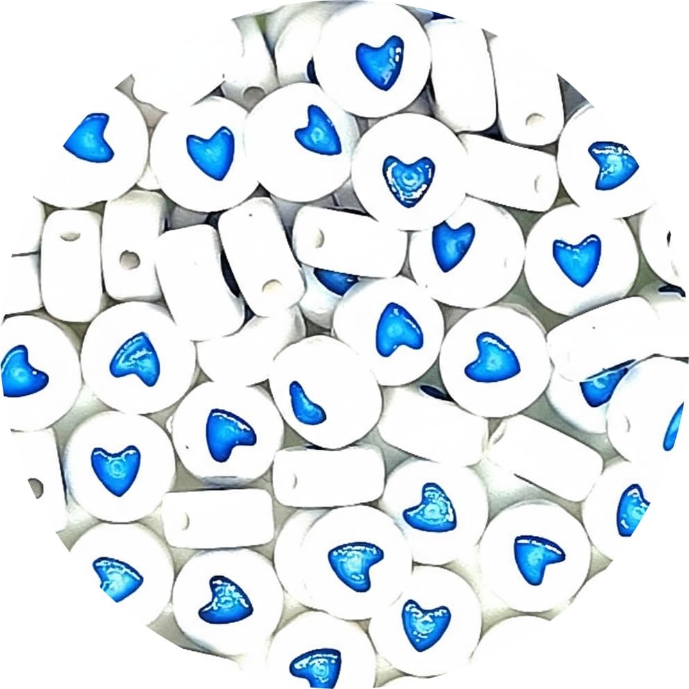 taffbeads 7mm White Heart Acrylic Beads, Flat Round Beads Multi-Coloured Hearts, 100pcs / 500pcs for Jewellery Making, Crafts Supplies & DIY Projects (Blue Hearts 500pcs)