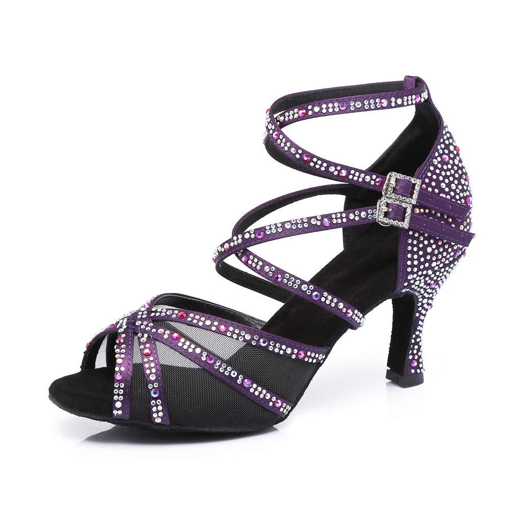 HROYL Zapatos de Baile de Salón Tacon Mujer Fiesta Elegante Zapatos de Baile de Diamante de Imitación Latino Salsa Tango, ES-YCL373-Morado-7.5 EU 43