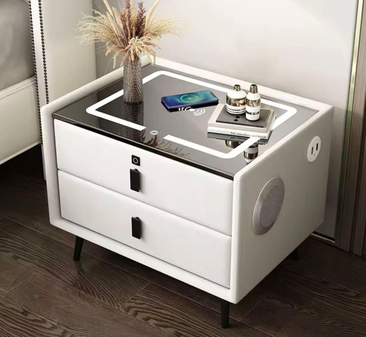 Generico Comodino Moderno con Caricatore Wireless, Luce LED, Porte USB, Speaker Bluetooth, 2 Cassetti, Bianco, 40×46 cm