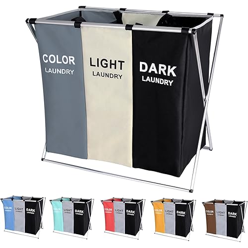 Foldable Laundry Basket, 135L Laundry Hamper Sorter 3 Sections Bag Bin with Aluminum Frame 24'' × 14'' x 23'' Dirty Clothes Closet Storage and organizer in Laundry Room Bedroom Home (White+Grey+Black)