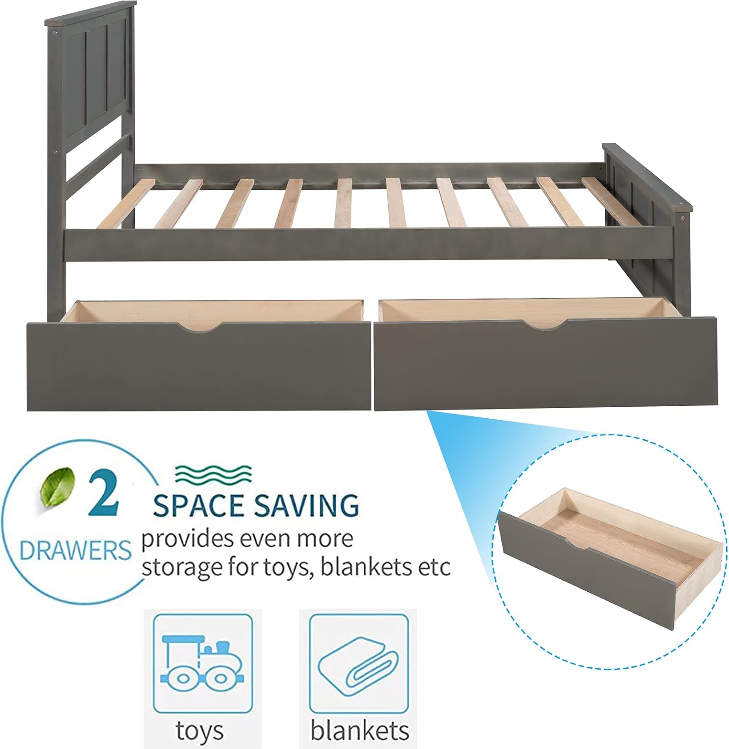 Harper & Bright Designs Twin Bed Frame with Drawers, Kids Platform Twin Bed with Storage, Solid Wood, No Box Spring Needed,Grey