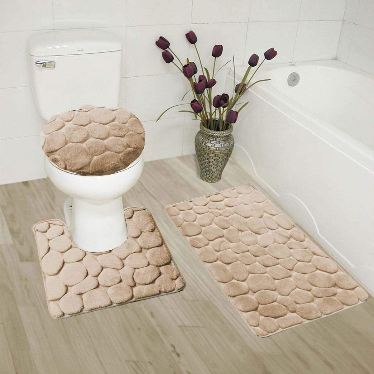 Luxury Home Collection 3 Piece Stone Embossed Solid Color Memory Foam Soft Bathroom Rug Set Non-Slip with Rubber Backing (Taupe)