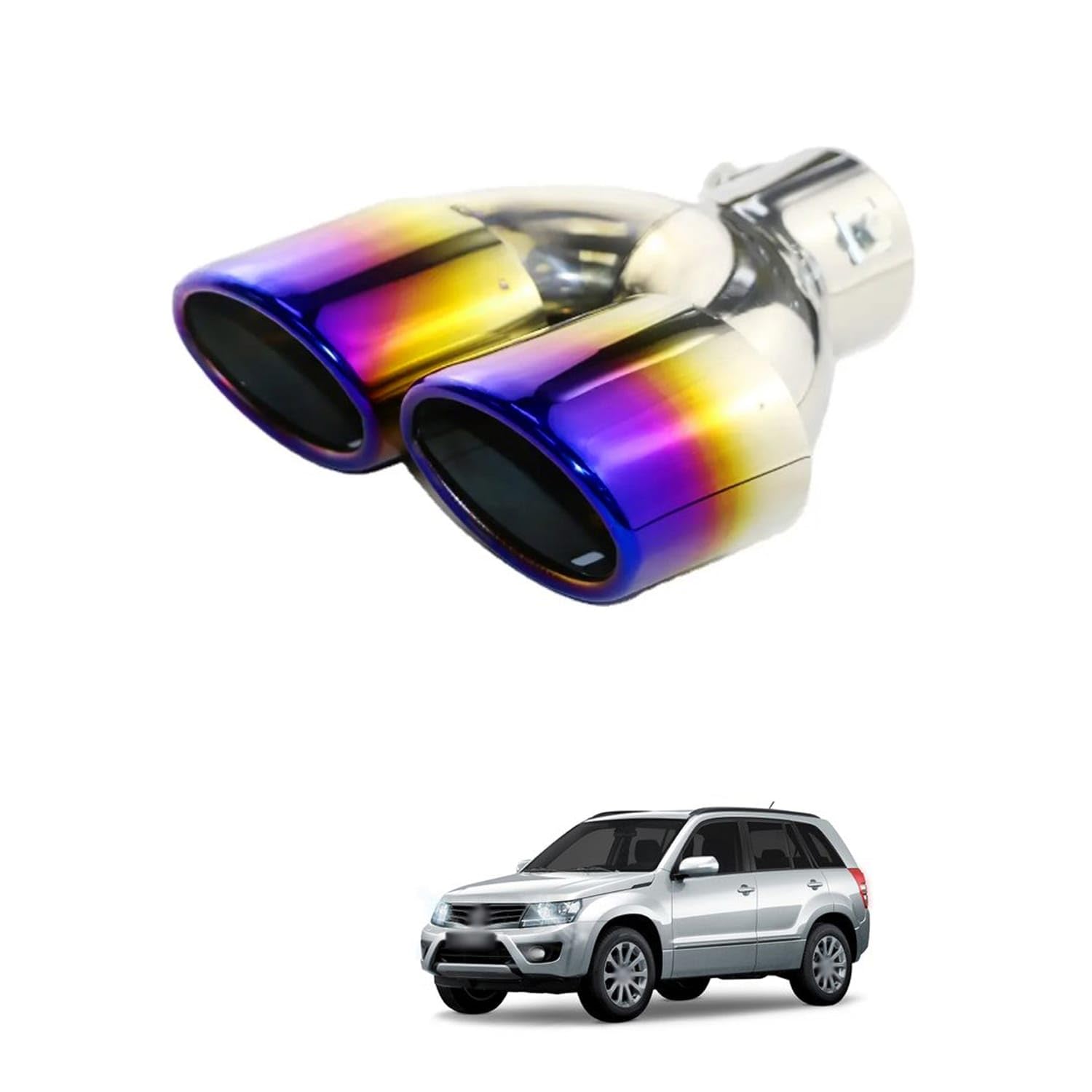 PRIKNIK Dual Exhaust Tip Silencer – 2.5" Inlet, 3" Dual Outlet, 8" Length, Vacuum-Plated Blue Stainless Steel, Sporty Look – Universal Rear End Exhaust Tailpipe Compatible With S-uzuki G-rand Vita-ra-image-0
