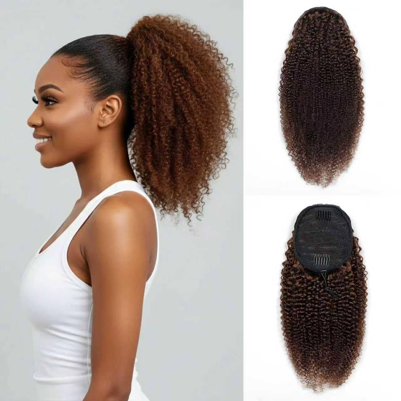 Afro Kinky Curly Ponytail Human Hair 150% Density Brazilian Virgin Hair 4C Afro Puff Drawstring Ponytail Extension for Black Women Natural Color 20 Inch