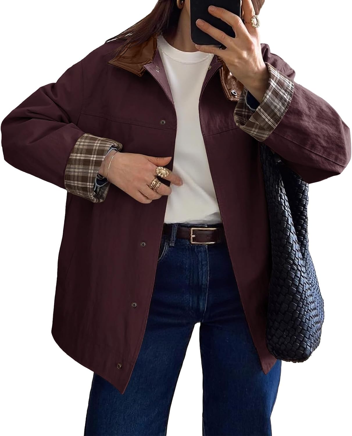Tankaneo Womens Trench Coat Oversized Fall Barn Jacket Leather Collar Plaid Color Block Windproof Overcoat