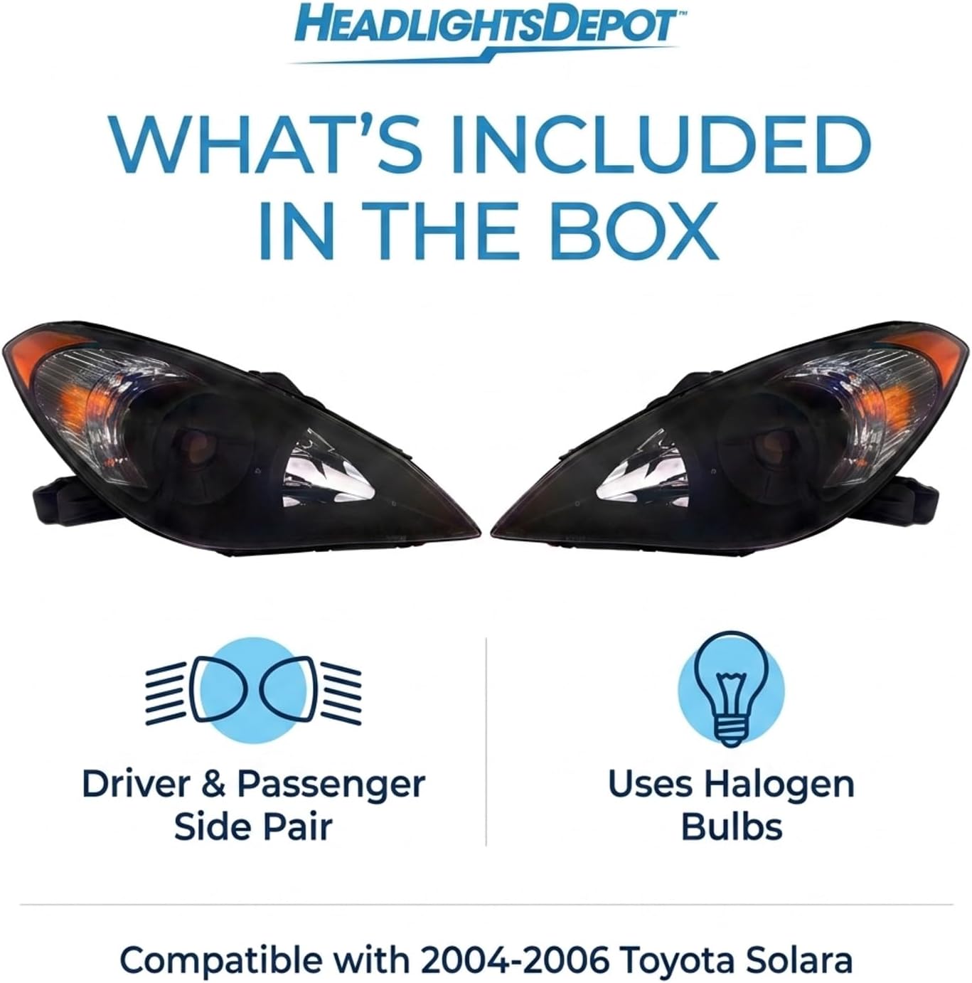 PERDE Headlights Compatible with Toyota Solara 2004-2006 Coupe/Convertible Halogen Black Housing Pair
