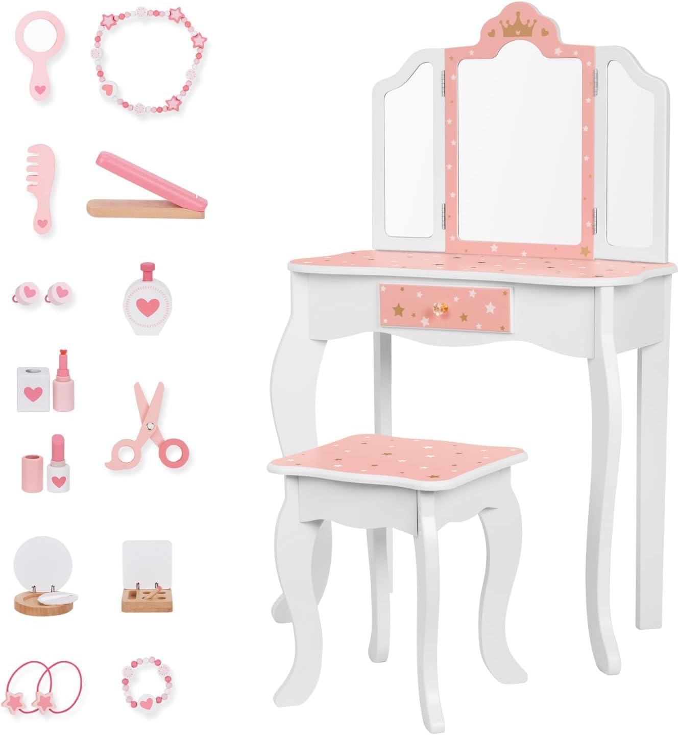 OOOK Kids Vanity Set, Girls Vanity Set with Mirror and Stool, Makeup