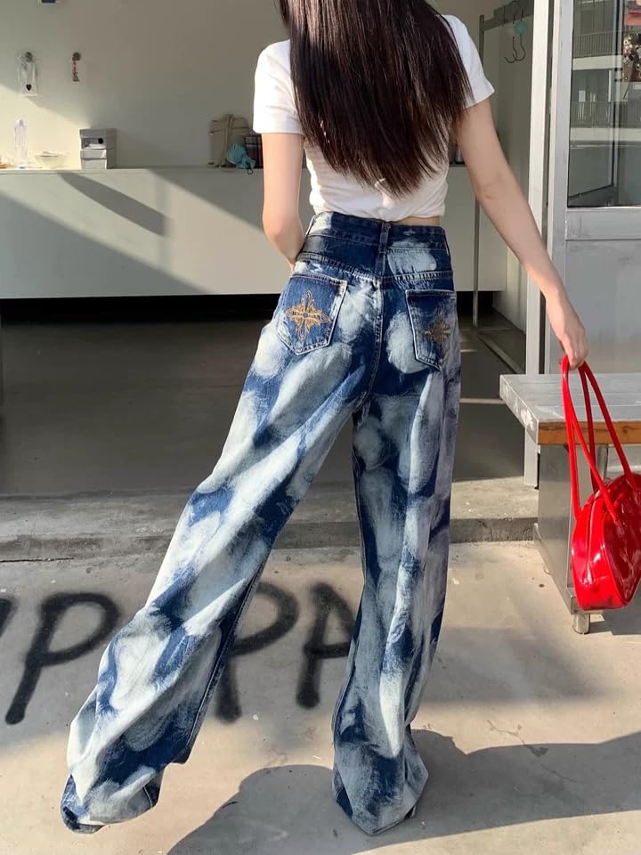 Unisex Y2k Grunge Spray Ink Ripped Distressed Jeans Vintage Hip Hop High Waisted Camo Loose Fit Wide Leg Denim Pants3