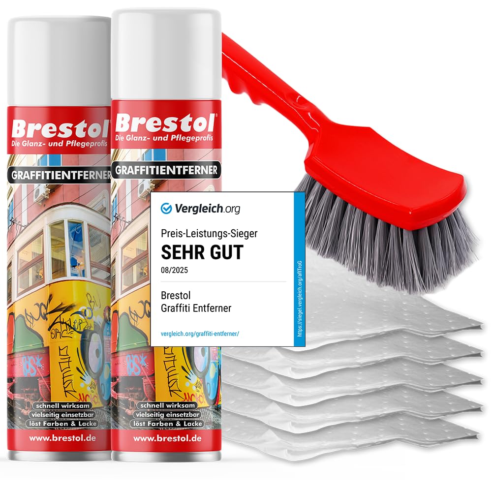 BRESTOL® GRAFFITI ENTFERNER 2x 400 ml Spray SET - inkl. Chemikalienbindevlies & Bürste - Graffitilöser Farbabbeizer Farblöser Farbentferner Lackentferner Lacklöser Lasurlöser Abbeizmittel Abbeizer