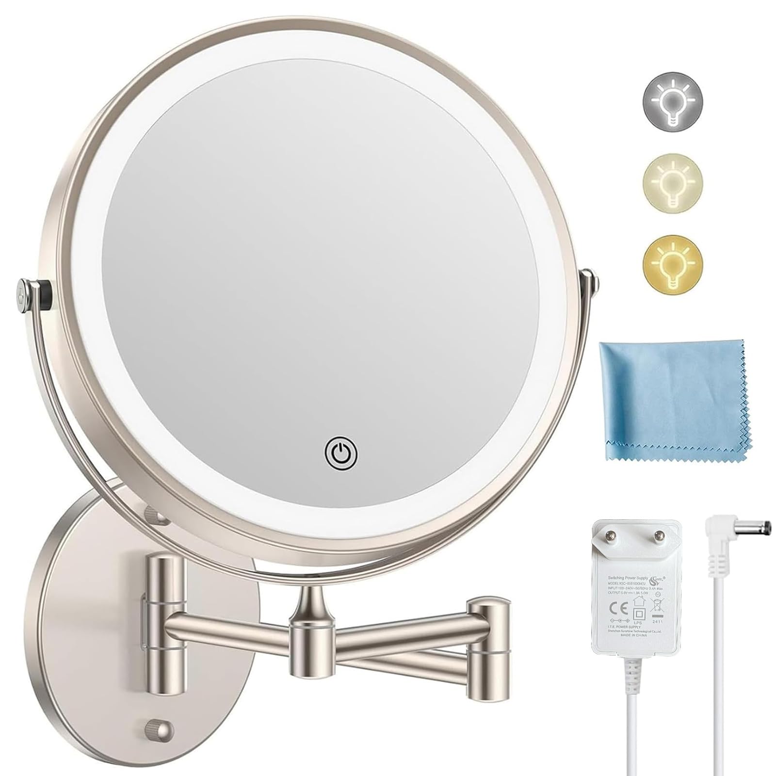 FUNTOUCH Espejo Maquillaje Enchufable con Iluminación,1X/10X Aumentos para Montaje en Pared, Espejo de Afeitar Regulable en 3 Colores, Giratorio 360°, Espejo de Maquillaje para Baño y Hotel