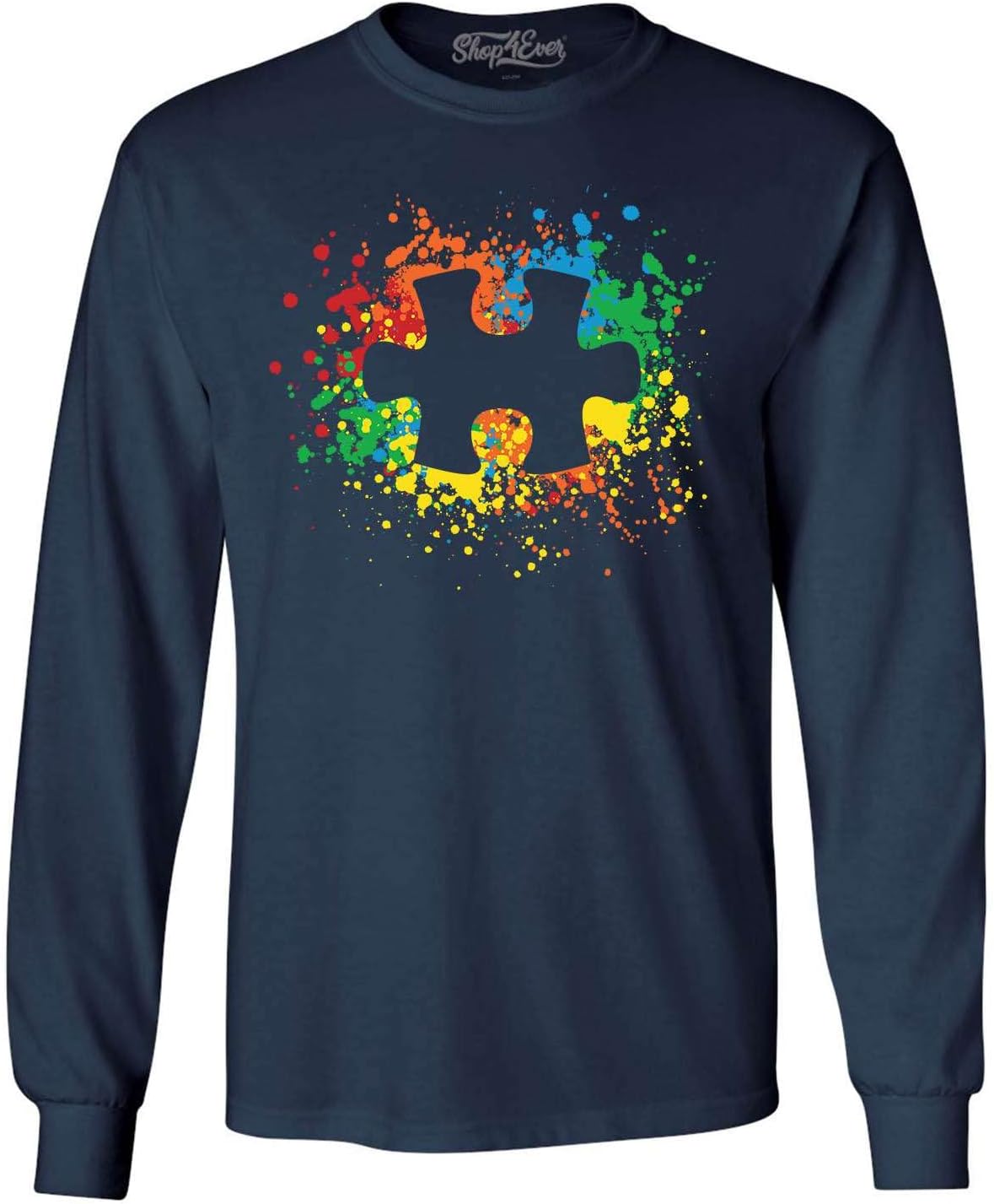 shop4ever Autism Awareness Men’s Long Sleeve T-Shirt – Splatter Paint Puzzle Piece Design, Support Autism Acceptance