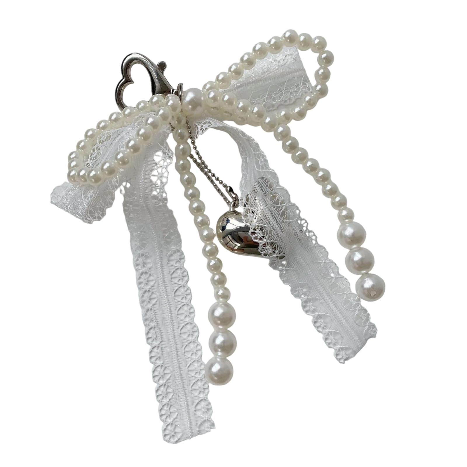 AOYUDJ Elegant Lace Bows Keychain With Faux Pearls Detail For Women Girls Fashionable Bag Accessory Alloy Keyring, White, As picture shown